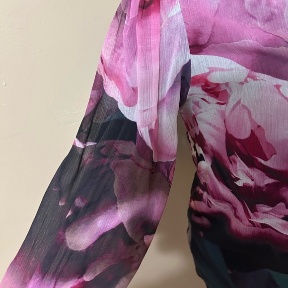 Express Whimsical Floral Print Sheer Balloon Sleeve Flutter Cuff Top Small - Picture 4 of 10